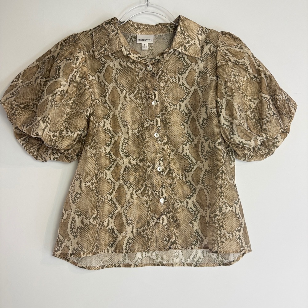 Bailey/44 Snakeskin Blouse Women S Brown Puff Sleeve Button Up Lyocell Top